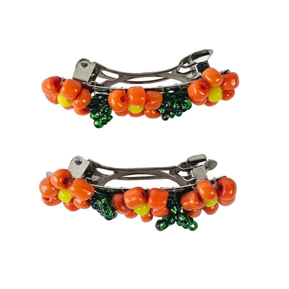 Vintage 1980's Orange Beaded Flower Mini Barrette Set - Picture 2 of 4